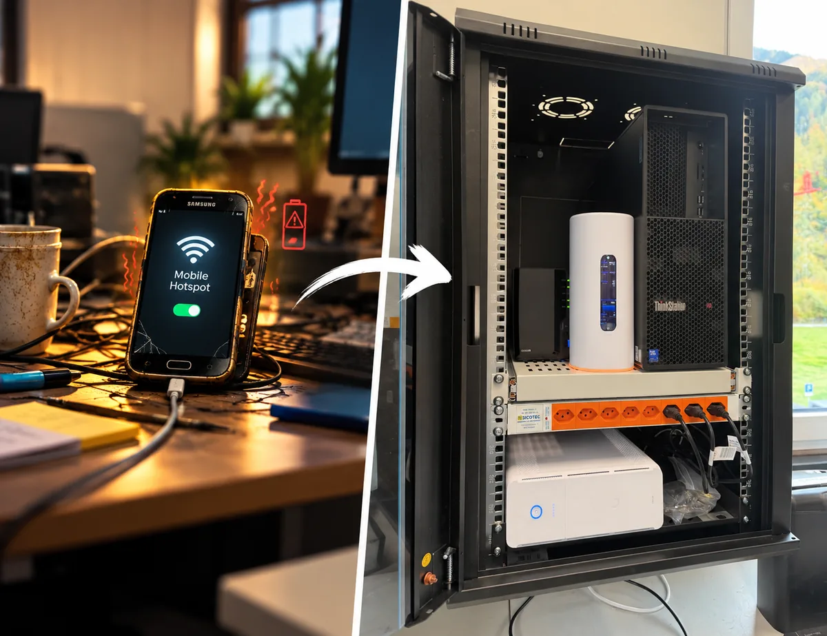 Links ein altes Smartphone als Hotspot auf einem vollen Schreibtisch, rechts der neue Netzwerkschrank beim Kunden mit Lenovo-Server, Synology-NAS, 5G-Router und USV