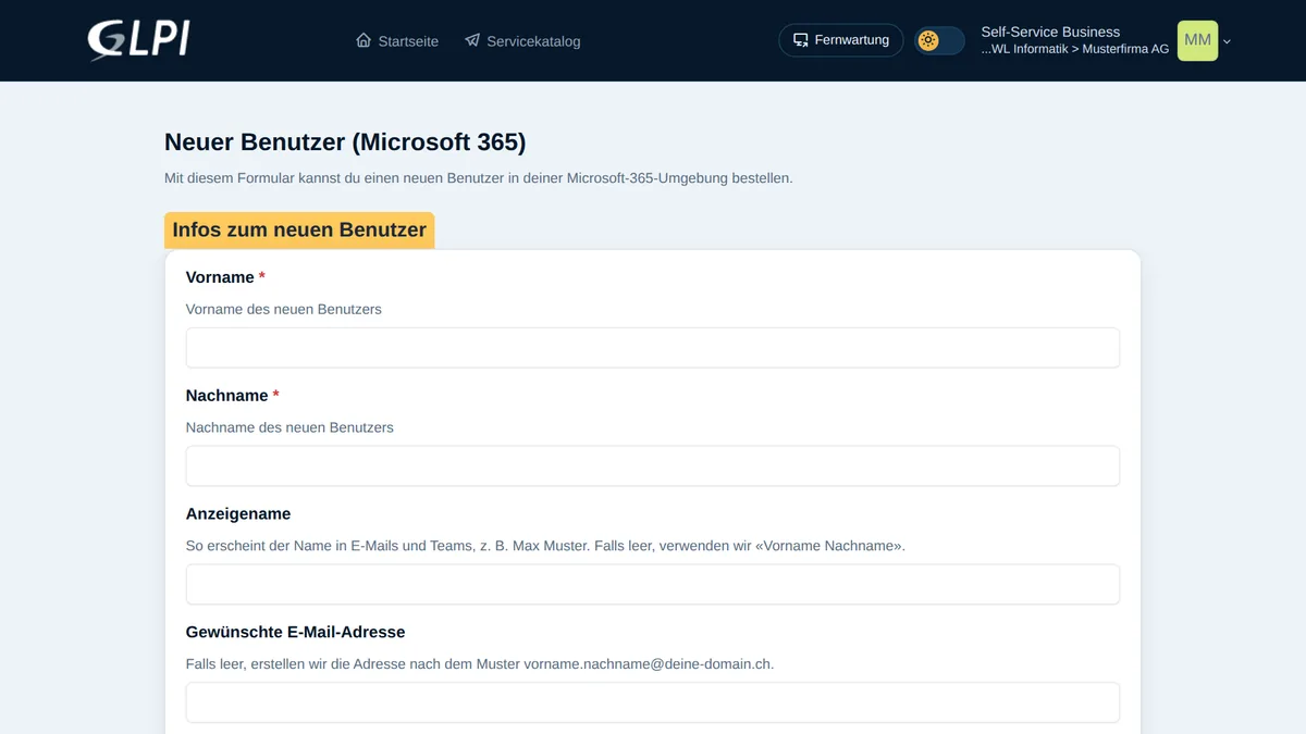 Formular «Neuer Benutzer (Microsoft 365)» im neuen Support-Portal