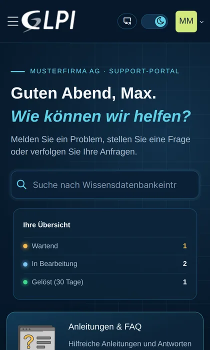 Support-Portal auf dem Handy im dunklen Design