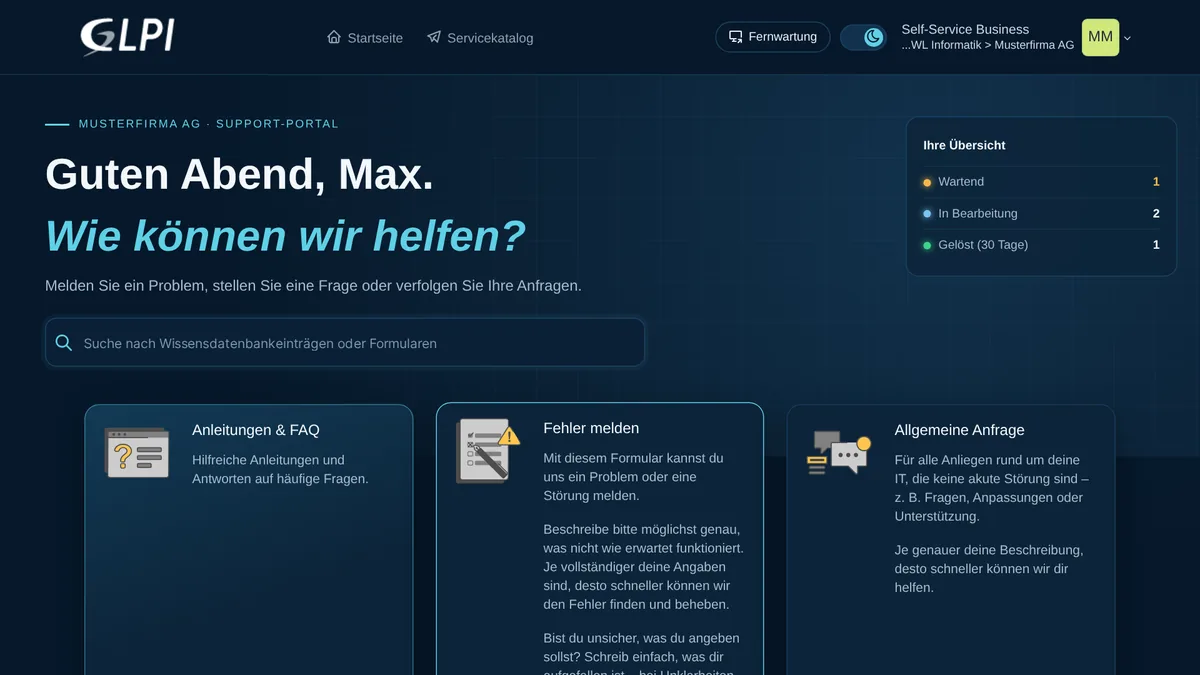 Startseite des Support-Portals im dunklen Design