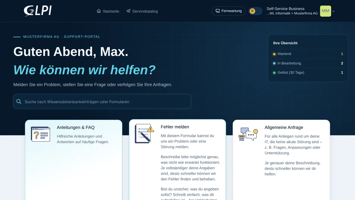 Neue Startseite des Support-Portals mit Begrüssung, Übersicht und Kacheln