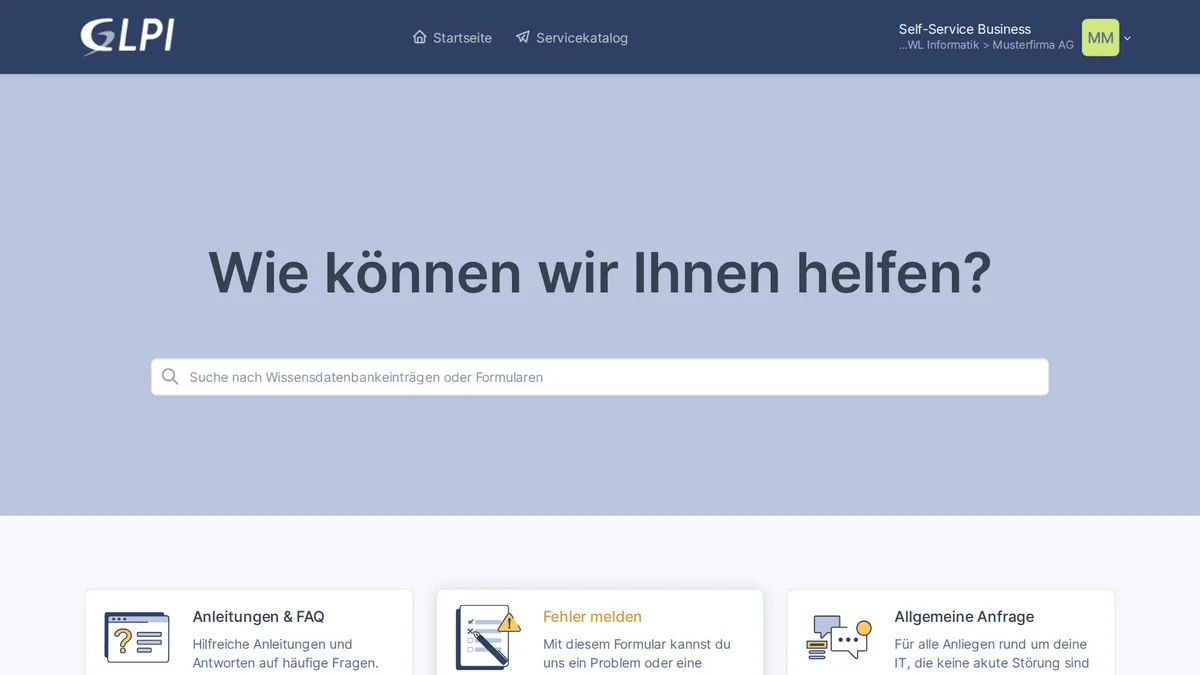 Bisherige Startseite des Support-Portals mit Suchfeld und Kacheln